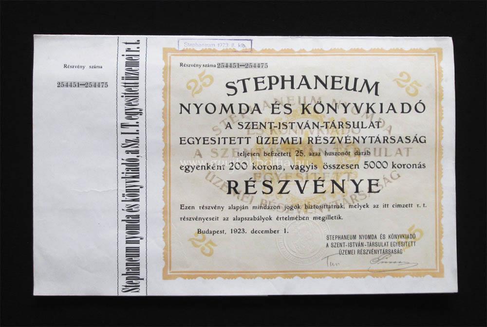 Stephaneum Nyomda - Szent István Társulat részvény 25x200 korona 1923